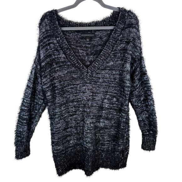 Rock & Roll Black Silver Heather Long Sleeve V-Neck Fuzzy Pullover Sweater Sz L - Picture 1 of 5